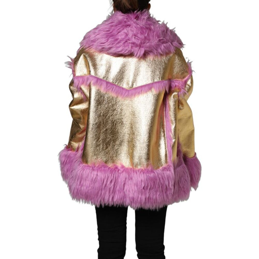 Dolce & Gabbana Pink Plush Faux Fur Gold Leather Coat Women's Jacket